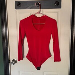 Red Keyhole Neck Long Sleeve Bodysuit